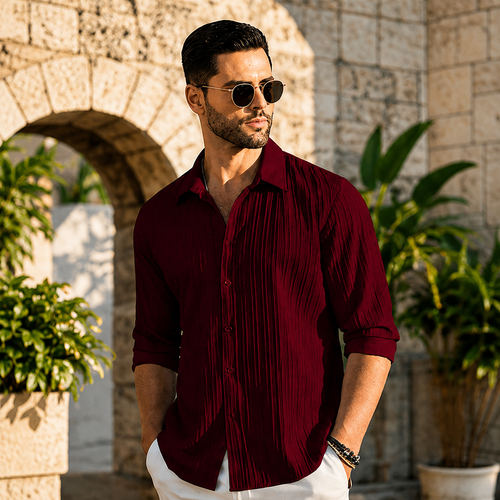 Royal Pleated Wine Red Shirt For Men