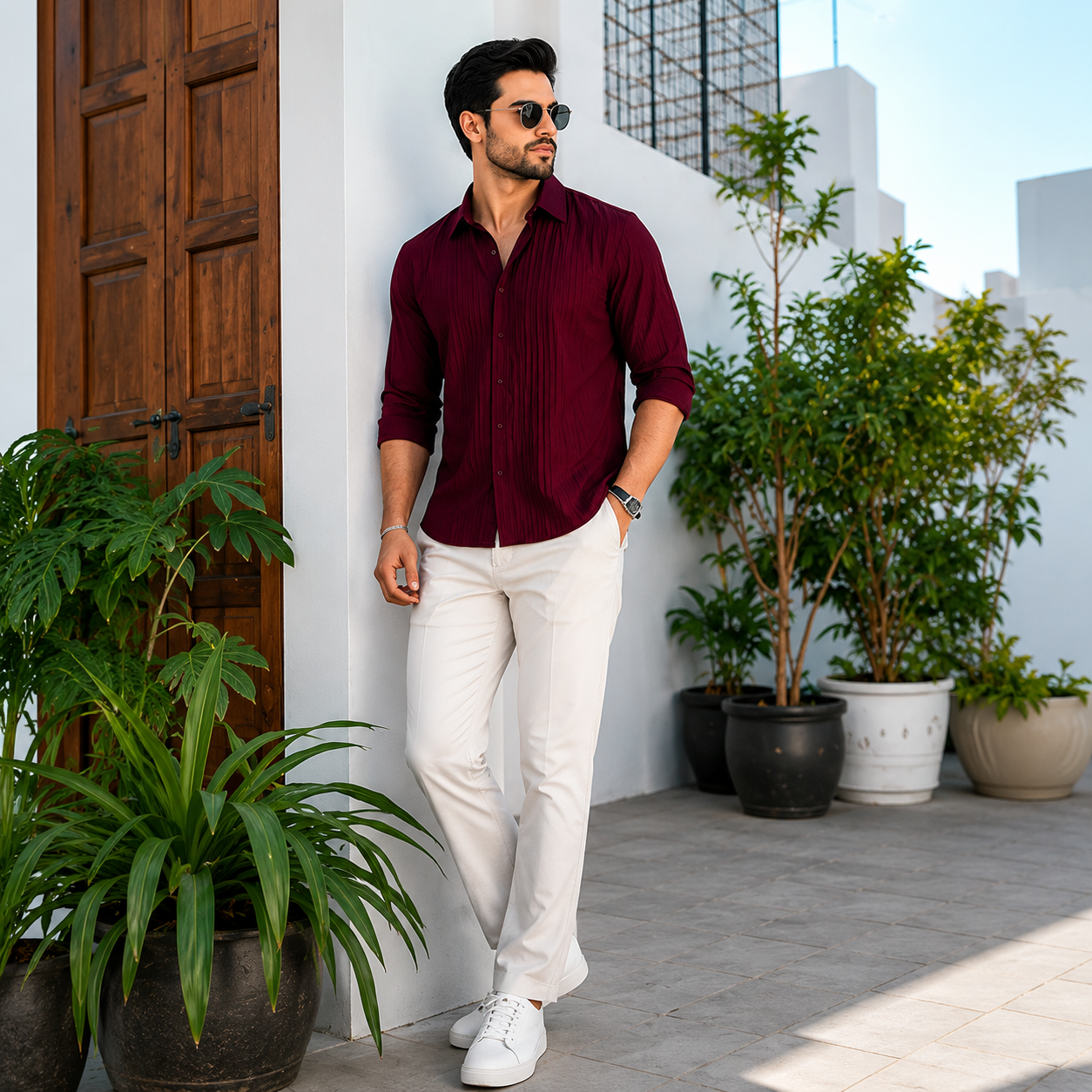 Royal Pleated Wine Red Shirt For Men