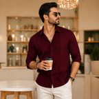 Royal Pleated Wine Red Shirt For Men