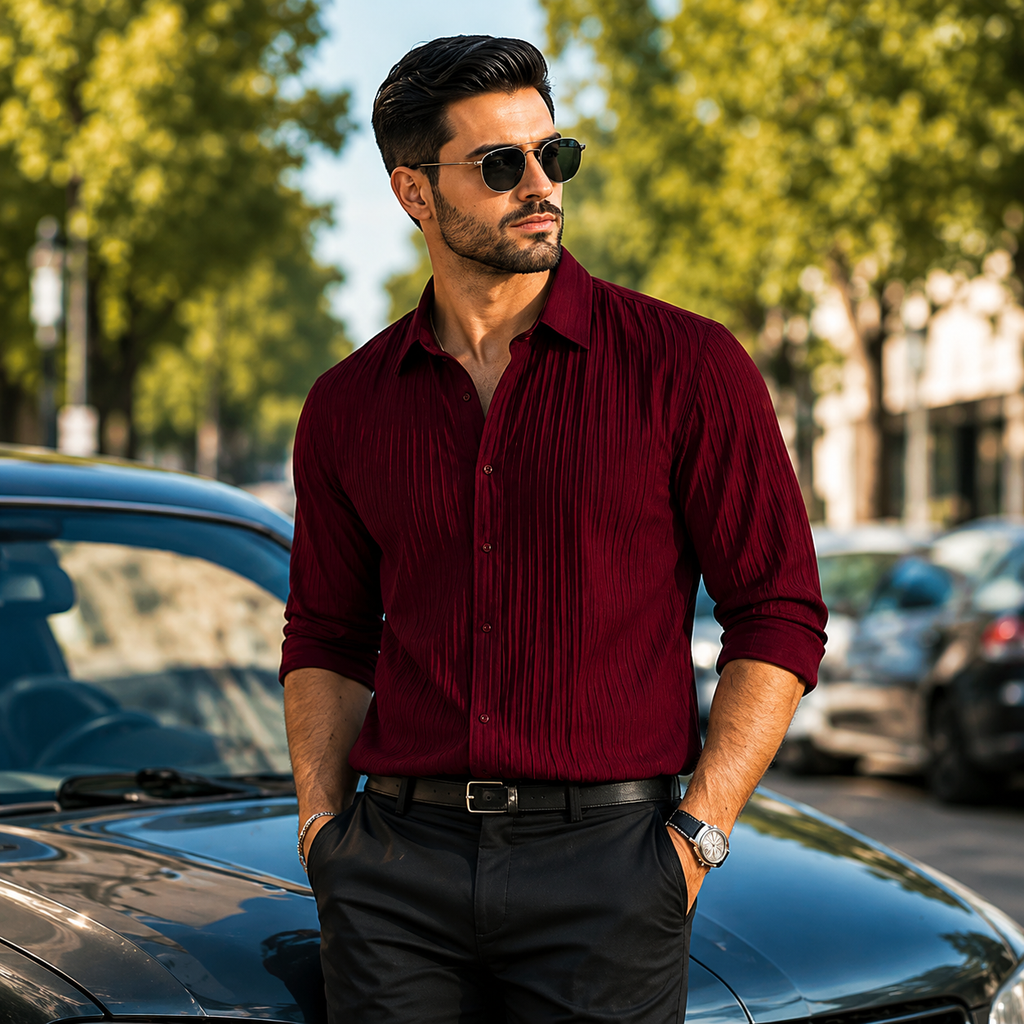 Royal Pleated Wine Red Shirt For Men