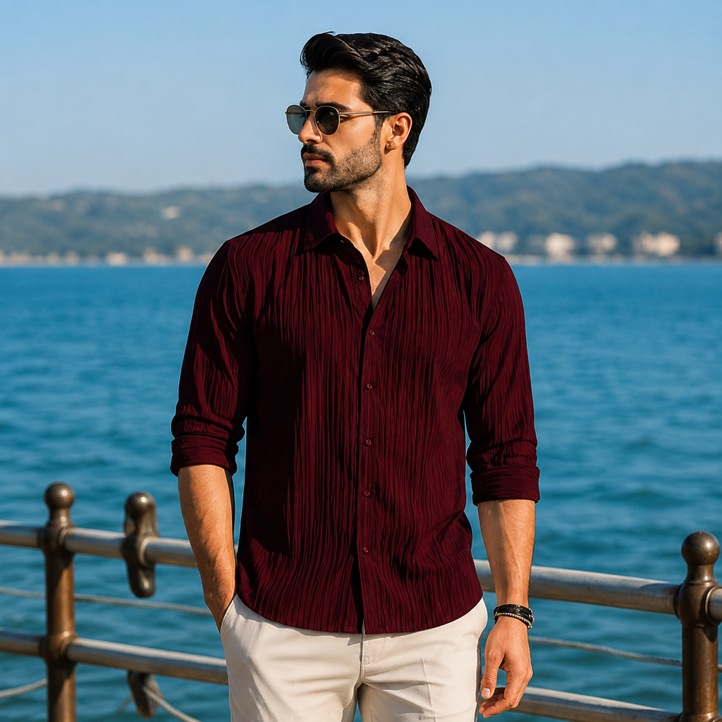 Royal Pleated Wine Red Shirt For Men