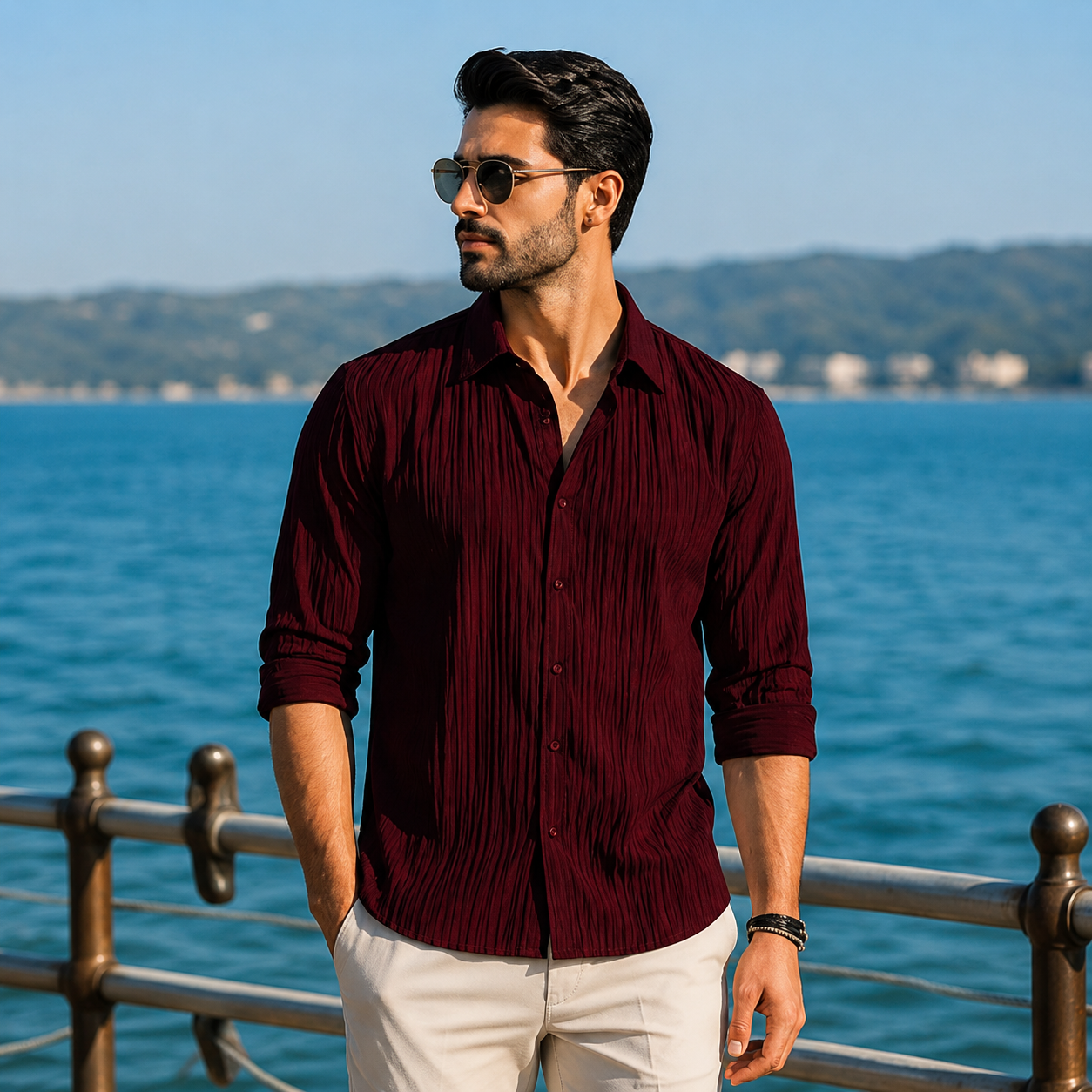 Royal Pleated Wine Red Shirt For Men