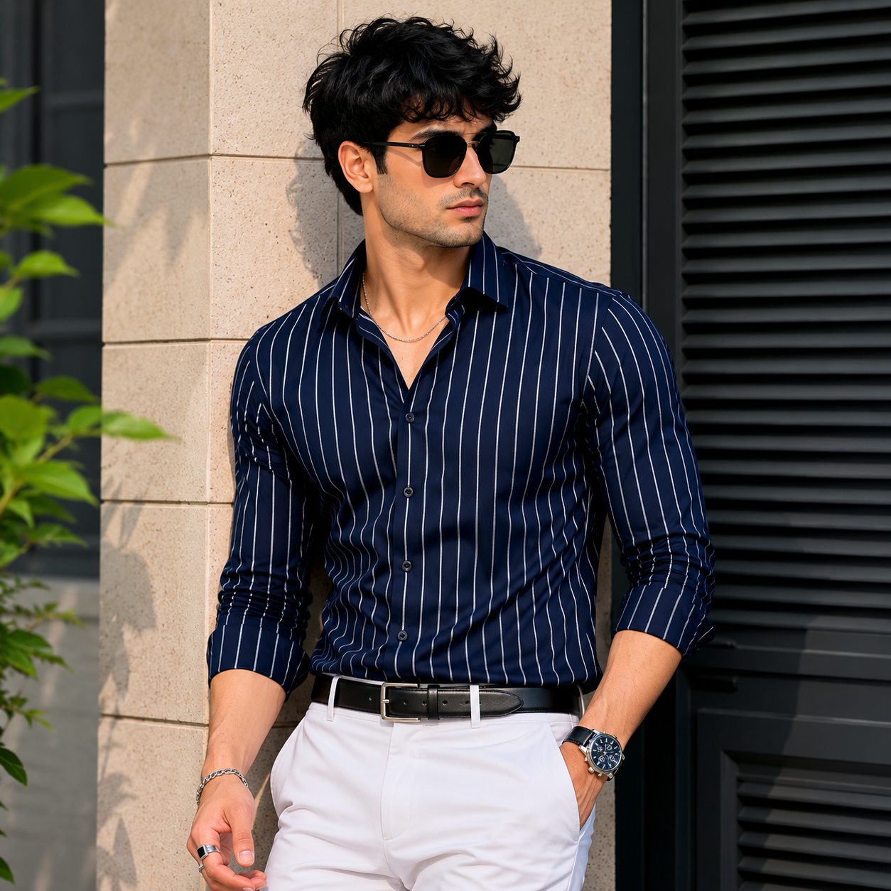 Premium Navy Blue Vertical Striped Shirt For Men
