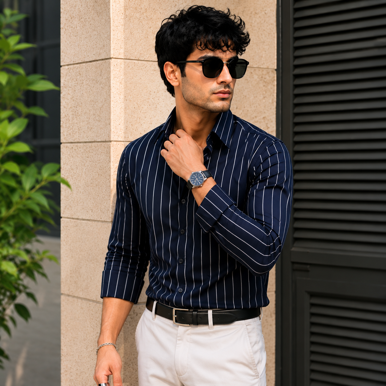 Premium Navy Blue Vertical Striped Shirt For Men