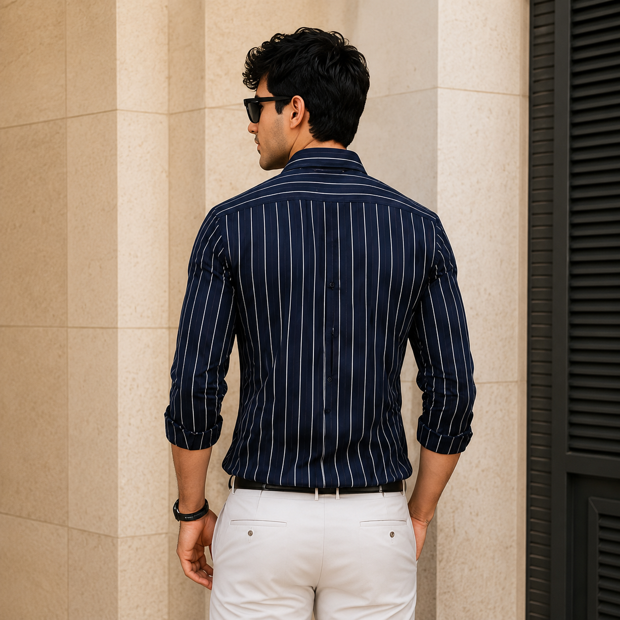 Premium Navy Blue Vertical Striped Shirt For Men