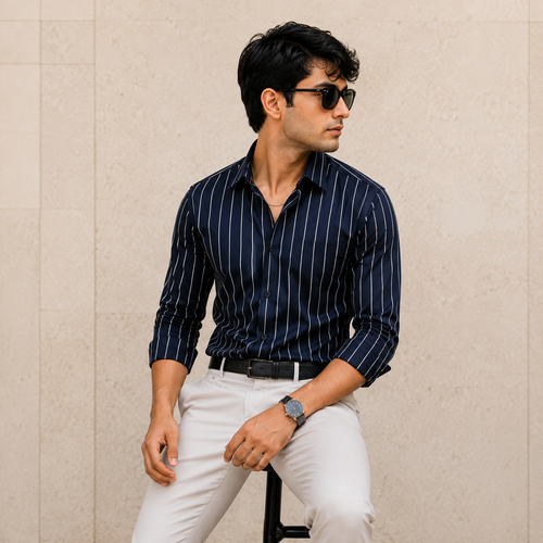 Premium Navy Blue Vertical Striped Shirt For Men