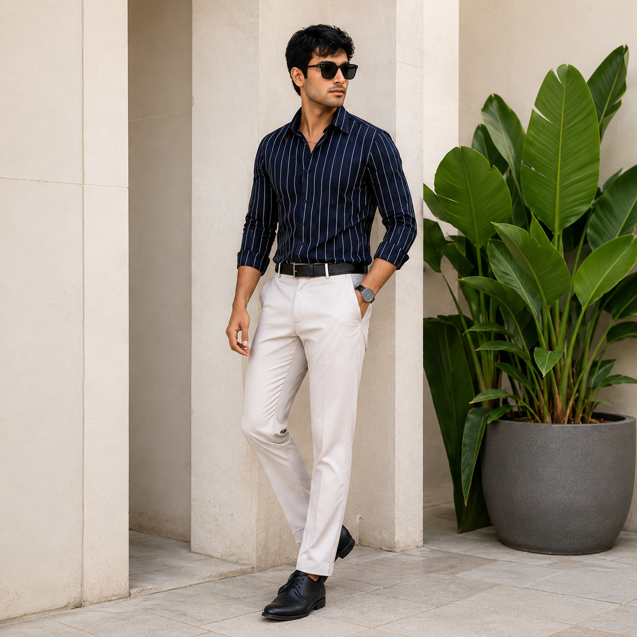 Premium Navy Blue Vertical Striped Shirt For Men