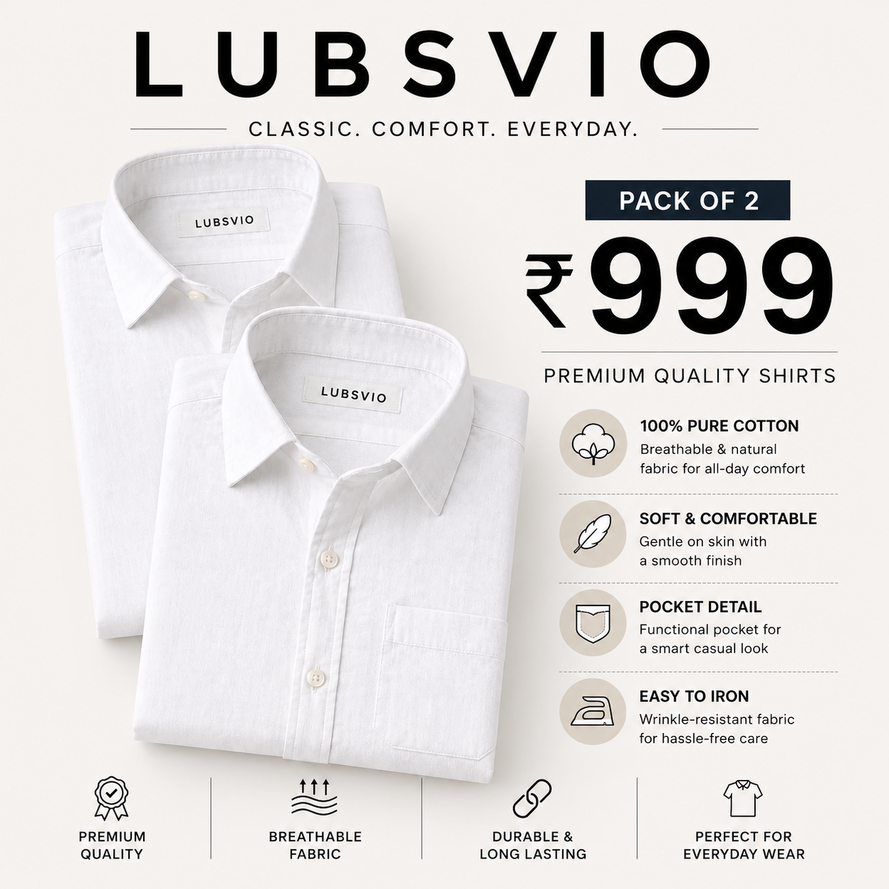 White Luxurious Cotton Shirt- Pack Of 2