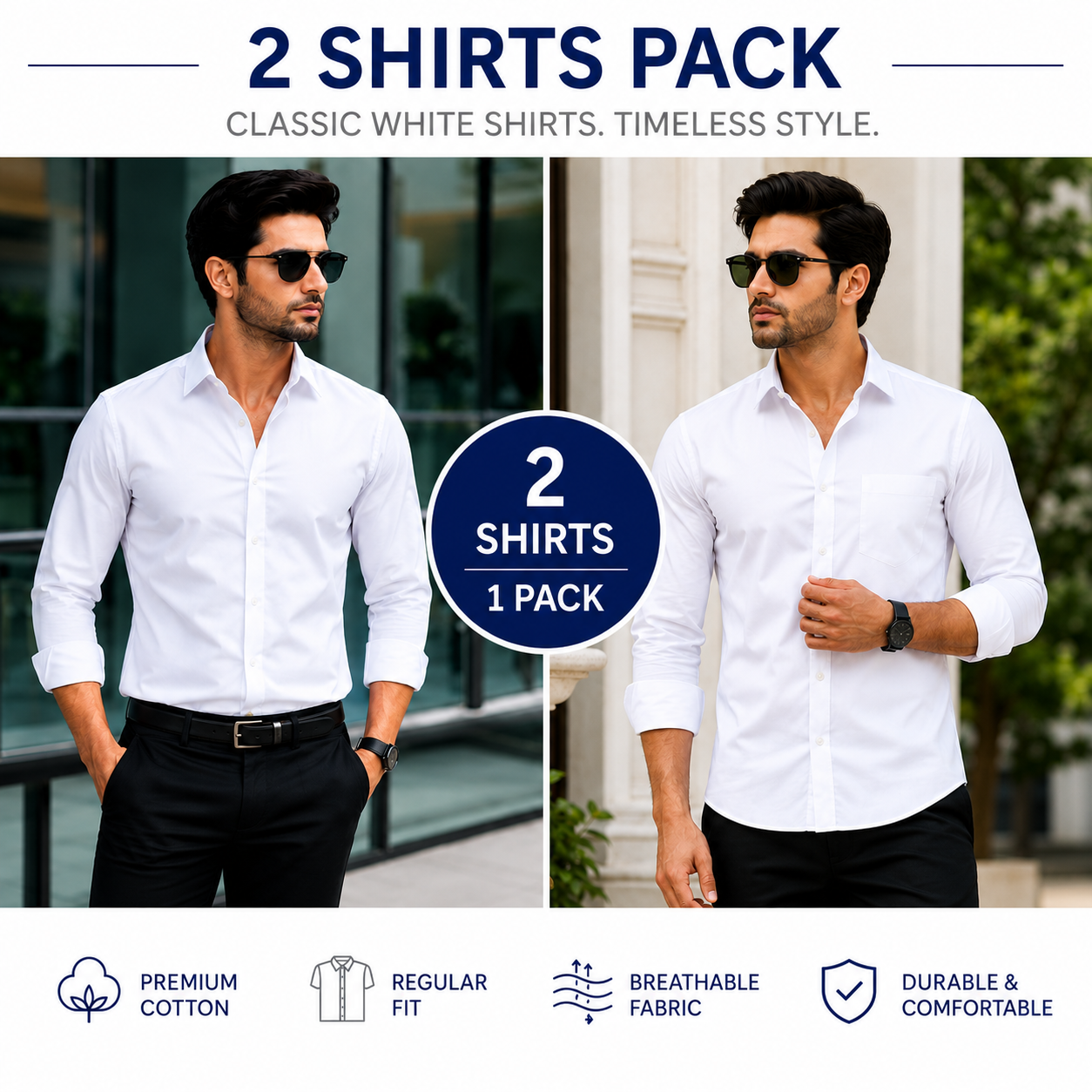 White Cotton Shirts For Men – Pack of 2