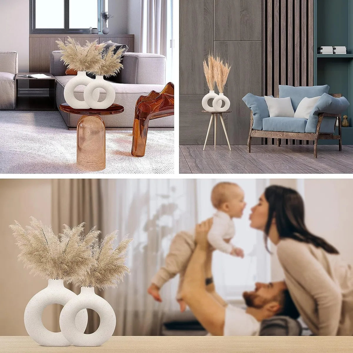 White Ceramic Circle Pampas Donut Vase