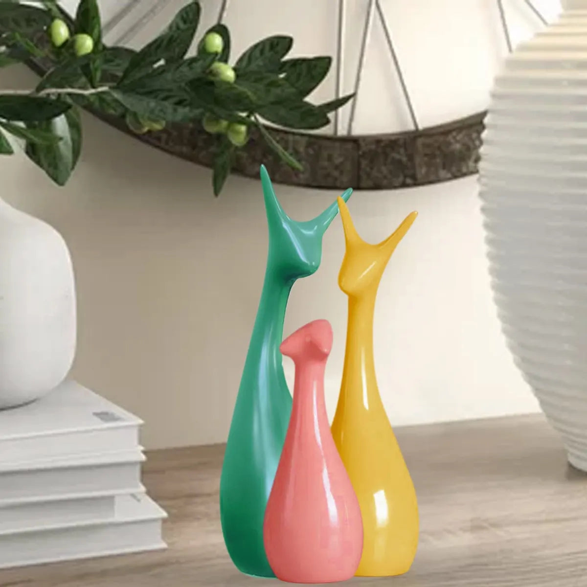 Ceramic Deer Family Showpiece Set | Green, Yellow & Pink Decorative Figurines for Home Decor